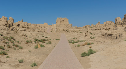 Fototapeta na wymiar Turpan, China - once capital of the Jushi Kingdom and part of the Silk Road Unesco World Heritage sites, Jiaohe is today of the most important landmarks of the Xianjang Uygur Autonomous Region