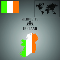 Ireland outline world map, contour silhouette with national flag inside vector illustration creative design, isolated on background, objects, element, symbol from countries set