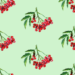 Rowan, autumn rowanberry, watercolor seamless pattern of mountain ash, isolated drawing of leaves and red berries