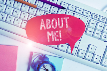Handwriting text About Me. Conceptual photo telling someone list of your good and bad properties Empty copy space red note paper bubble above pc keyboard for text message