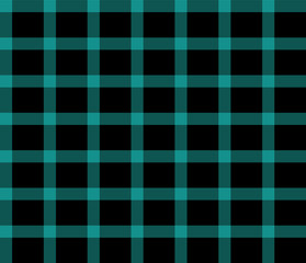 Green and black tartan texture. Teal plaid checkered seamless pattern. Lumberjack backdrop for textile, shirt, jacket and other fashion products. Black and green Gingham seamless background. Vector.