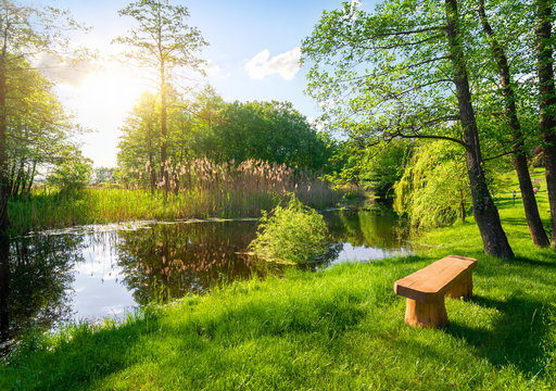 Wooden bench near river - Powered by Adobe