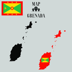 Grenada outline world map, contour silhouette with national flag inside vector illustration creative design, isolated on background, objects, element, symbol from countries set