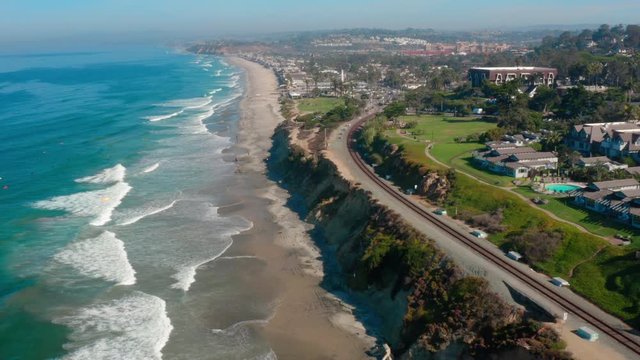 Aerial view above California beach city of Del Mar on beautiful clear day 