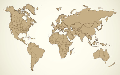 Fototapeta na wymiar World map. Continents with the contours of the countries. Vector drawing