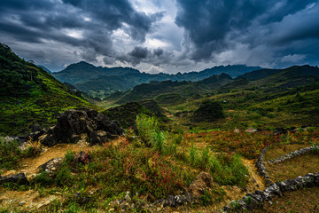 Fototapeta na wymiar Mountain road in beautiful valley. Ha Giang province. Vietnam
