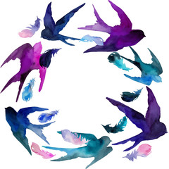 Obraz premium Watercolor swallows and feathers in circle isolated on white background. Romantic round frame in pink, blue and violet colors. Design for postcards, invitations, covers, weddin decor.