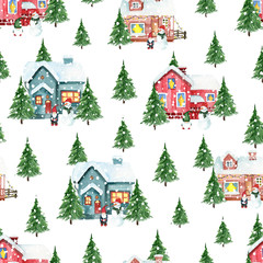 Obraz na płótnie Canvas Seamless Christmas pattern with houses and gnomes. Watercolor hand drawn