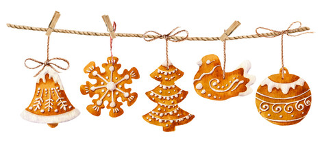 Christmas gingerbread figures hanging on the rope hand drawn in watercolor isolated on a white background. Christmas watercolor illustration