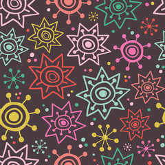 Seamless vector pattern with stylized stars on a dark background.