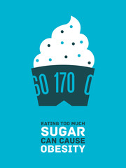 Conceptual illustration about sugar harmfulness. The title is - Eating too much sugar can cause obesity.