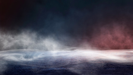 Dark street, wet asphalt, reflections of rays in the water. Abstract dark blue background, smoke, smog. Empty dark scene, neon light, spotlights. Concrete floor