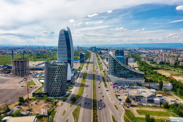 Skyscrapers in the business district of Sofia, Bulgaria, taken in May 2019 - obrazy, fototapety, plakaty