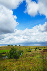 Beautiful summer landscape with river and green fields