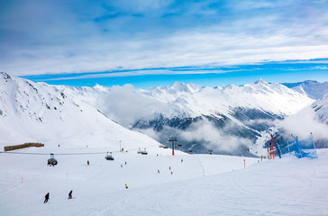 Landscape of skiing area  in winter ski resort Davos, Switzerland.