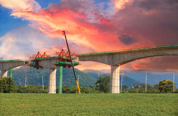 Bridge construction, The construction of the large concrete bridge of the motorway elevation for the development of travel by vehicle in the city of express way in progress along the main road