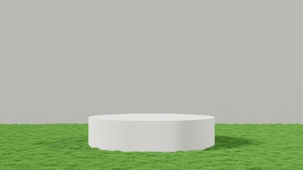 3D Rendering of white podium on green grass field and cement wall background. For organic, environmental care products pedestal show case.
