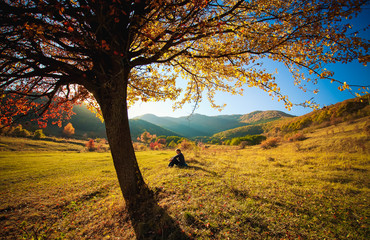 woman sitting under colorful tree in a beautiful autumn landscape