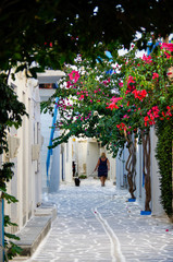 Old woman walks her dog in beautiful romantic narrow backstreet alley lane with typical traditional whitewashed Greek houses in Parikia on the Cyclade Island of Paros