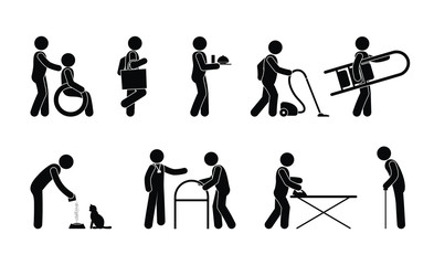 social assistance for the disabled, social workers, stick icon pictogram set, isolated silhouettes of people with disabilities and their assistants in household matters