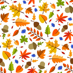 Obraz premium Autumn forest flora and fauna flat vector illustration. Decorative fall themed background botanical concept. Seasonal nature banner design with typography. Tree leaves and branches.