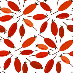 Berries of a dogrose or hawthorn on the white background. Autumn seamless pattern design for fabric, wrapping or wallpaper. Vector print.