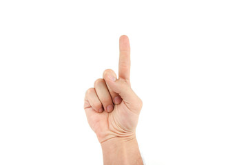man's hand shows one finger on a white background