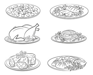 Set of Food Pictograms, Pizza, Steak, Baked Chicken, Fish and More. Black Contours Isolated on White Background. Vector