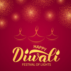 Happy Diwali calligraphy lettering with burning diya candle and gold fireworks. Traditional Indian festival of lights banner. Vector template for typography poster, flyer, postcard, greeting card, etc