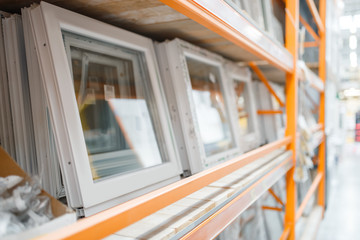 Hardware store assortment, shelf with windows