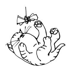 cheerful kitten playing with a bowknot on a rope vector illustration in black ink isolated on white background in hand drawn style