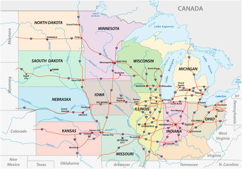 Road map of the Midwest United States of America - obrazy, fototapety, plakaty