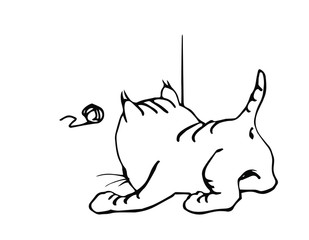 cheerful kitten hunting a ball of thread vector illustration in black ink isolated on white background in hand drawn style