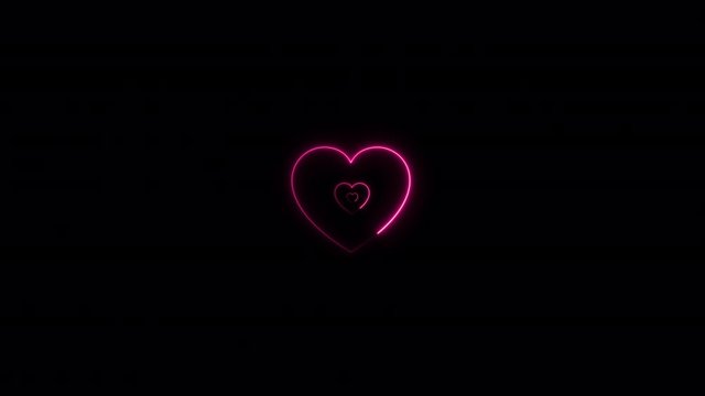 Valentine's Day video congratulation card, abstract background with neon pink heart shapes moving on camera with tunnel effect