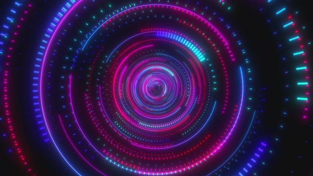 Looped animation. Looped animation. Abstract background. Moving through hyperspace with bright circles in red and blue color. Modern colorful wallpaper. 3d rendering.