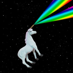 White unicorn flies in deep space and shoots rainbow lasers from horn. Art collage concept of 90s...