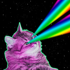 Big pink monster cat flies in deep space and shoots rainbow lasers from eyes. Art collage concept of 90s or 80s - 296950522