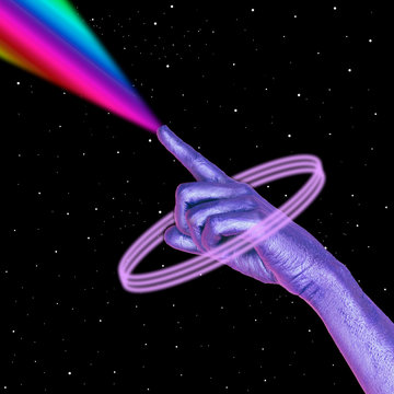 Painted purple hand shoots rainbow laser from finger in the deep space among neon light rings. Art collage concept of 90s or 80s