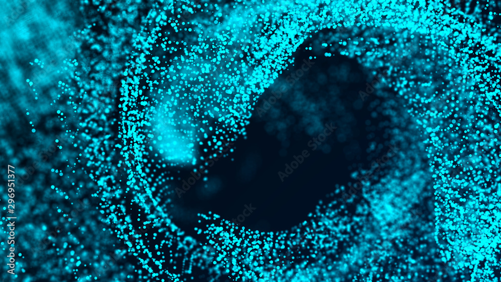 Poster Big data concept visualization. Futuristic wave of glowing particles. Shine flares on dark background. Digital background. 3D rendering.