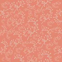 Fototapeta na wymiar Gently pink color pattern with white branches with sketch berries