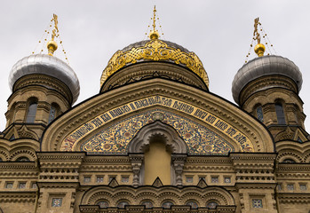 The orthodox Church of the Dormition of the Mother of God stands towering on the Vasilievsky Island in Saint Petersburg, Russia