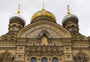 Fototapeta premium The orthodox Church of the Dormition of the Mother of God stands towering on the Vasilievsky Island in Saint Petersburg, Russia