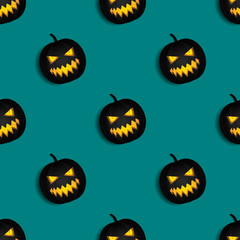  seamless pattern design illustration of a black ghost pumpkin. with a green background. wallpaper to celebrate Halloween day.