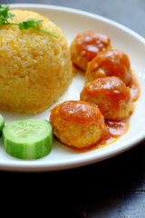 Vietnamese vegan rice dish with vegetarian meatballs or tofu ball