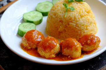 Vietnamese vegan rice dish with vegetarian meatballs or tofu ball