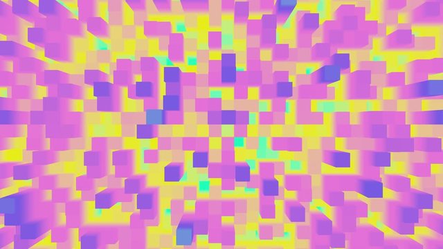 Abstract white background of moving cuboids. Monochrome futuristic pattern in violet, green and yellow colors. Looped animation. 3d rendering.