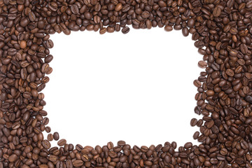 Roasted coffee beans isolated white frame with copy space