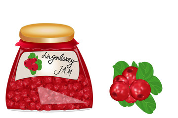 Glass jar with lingonberry jam isolated on white background. Jar of marmalade from juicy red lingonberries. Fresh cranberries berries with leaves. Organic food.Label mockup for jam.Vector illustration