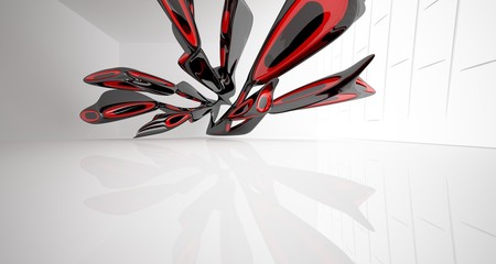 Abstract smooth architectural red and black gloss interior of a minimalist house with large windows. 3D illustration and rendering.