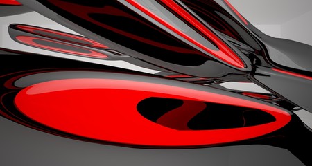 Abstract smooth architectural red and black gloss interior of a minimalist house with large windows. 3D illustration and rendering.